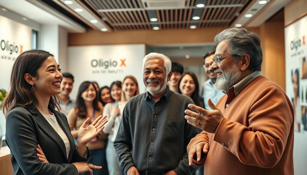 A high-resolution, photorealistic image of a group of diverse people enthusiastically sharing their positive experiences with the Glowin Beaute brand Oligio X 原美電波. In the foreground, three individuals - a young professional woman, a middle-aged man, and a senior citizen - are engaged in a lively discussion, their faces animated with smiles and nods of approval. The middle ground features several other satisfied customers, including a family and a group of friends, all testifying to the effectiveness and quality of the Oligio X 原美電波 product. The background is a warm, inviting office or showroom setting, with clean, modern decor and subtle brand imagery subtly incorporated. The lighting is soft and flattering, creating a welcoming and trustworthy atmosphere. The overall scene conveys a sense of community, trust, and genuine product endorsement.