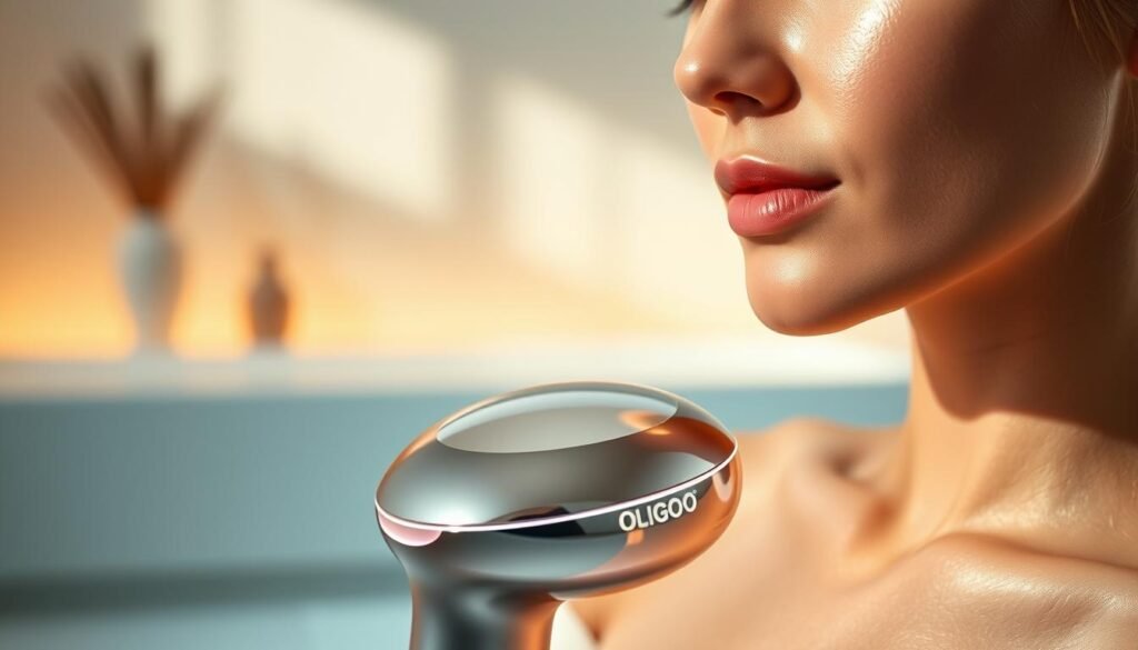 Oligio X 原美電波持久效果: A striking close-up of the Glowin Beaute Oligio X device, its sleek metallic body emanating a soft, ambient glow. In the foreground, the device's surface reflects the radiant skin of a model, showcasing the long-lasting, rejuvenating effects of the innovative Korean technology. The middle ground is subtly blurred, drawing the viewer's focus to the device and its transformative results. The background is a serene, minimalist setting, hinting at the product's ability to deliver a spa-like experience. Dramatic side lighting accentuates the device's modern, high-tech aesthetic, conveying a sense of advanced, Korean-inspired beauty innovation.