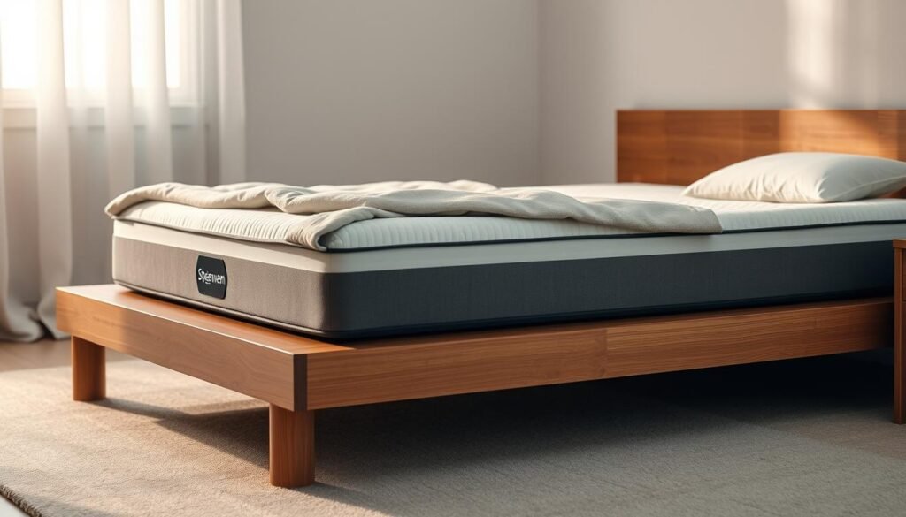 A StylesMaven orthopedic mattress resting on a minimalist wooden bed frame, showcasing its supportive ergonomic design. The mattress is topped with a plush, hypoallergenic cover in a soft, neutral tone, perfectly complementing the sleek, modern aesthetic. Diffused lighting casts a warm, cozy glow, creating a serene and rejuvenating atmosphere. The scene captures the thoughtful balance between comfort and functionality that the StylesMaven mattress provides, suitable for different sleeping positions.
