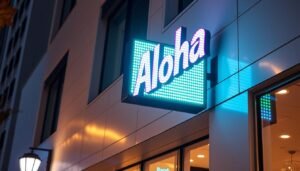 A brightly illuminated Aloha brand LED sign mounted on a sleek, modern building facade. The sign's vibrant, multicolored lights create a captivating display that catches the eye, with individual LED bulbs arranged in a bold, artistic pattern. The sign is installed at an angle, giving it a dynamic, three-dimensional appearance. The building's architecture features clean lines and minimalist design elements, allowing the sign to be the focal point. The scene is illuminated by warm, ambient lighting that casts a cozy glow, creating an inviting atmosphere perfect for a lively urban setting.