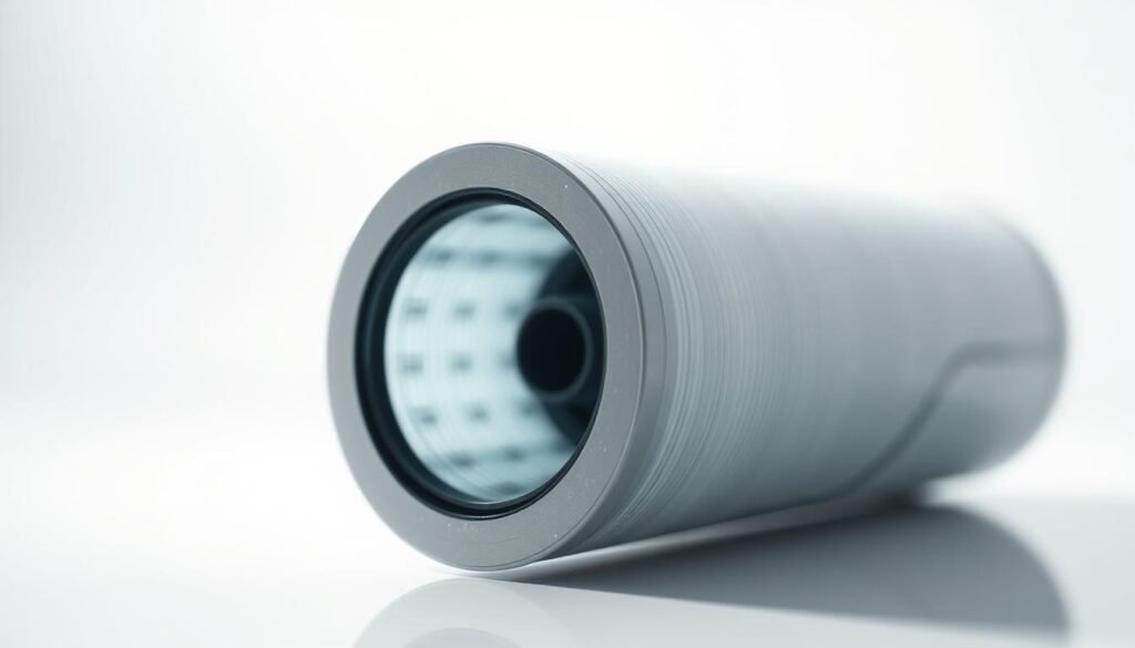 A close-up view of a water filter cartridge, its cylindrical form prominently displayed against a clean, bright background. The filter's surface textures and intricate internal structures are meticulously rendered, conveying a sense of the complex technology at work. Soft, directional lighting highlights the cartridge's sleek, modern design, creating subtle shadows that add depth and volume. The overall composition suggests the importance of regular filter maintenance for optimal water purification, a key aspect of the featured water filtration system innovation.