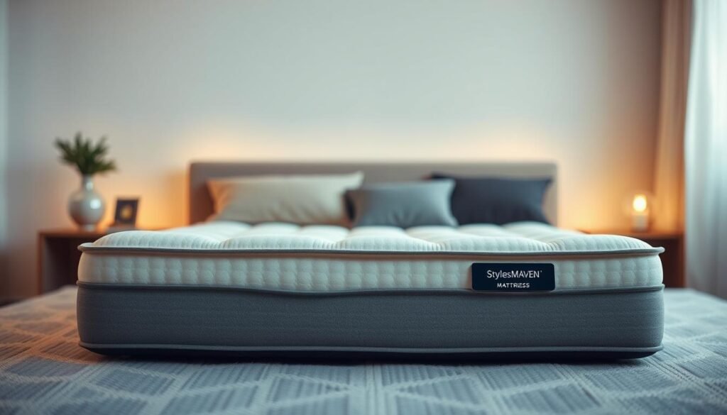 A cozy, well-designed orthopedic mattress from StylesMaven lies in the middle of the frame, its supportive layers and breathable fabric visible. Warm ambient lighting casts a soft glow, accentuating the mattress's plush texture. The background blurs into a tranquil, minimalist bedroom setting, allowing the mattress to take center stage. The overall scene conveys a sense of relaxation and restorative sleep, perfectly capturing the essence of a premium quality "護脊床褥".