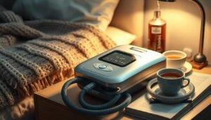 A high-tech iCareCPAP sleep apnea machine, its sleek silver exterior gleaming under soft, diffused lighting. The device rests on a nightstand, surrounded by cozy winter accessories - a warm knitted blanket, a steaming cup of tea, and a book. The scene evokes a sense of comfort and well-being, reflecting the importance of proper winter usage of such medical devices. The machine's advanced interface and hoses are prominently displayed, hinting at the specialized functionality required for cold-weather operation. The overall atmosphere is one of calm, relaxation, and healthcare-focused attention to detail.