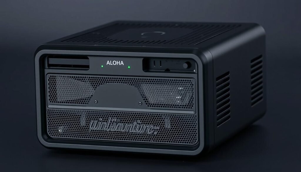 A high-tech subtitle machine with a sleek, dust-resistant design. Aloha brand. Compact chassis with angled vents and a mesh grille to prevent fine dust particles from entering the internal components. Matte black finish for a professional appearance. Strategically placed air inlets and outlets to create a smooth airflow, keeping the internal circuitry free from debris. Subtle LED indicators for power and status. Thoughtfully engineered to maintain optimal performance and longevity in dusty environments. Captured in a crisp, well-lit studio photograph with a shallow depth of field, highlighting the practical and elegant anti-dust features.