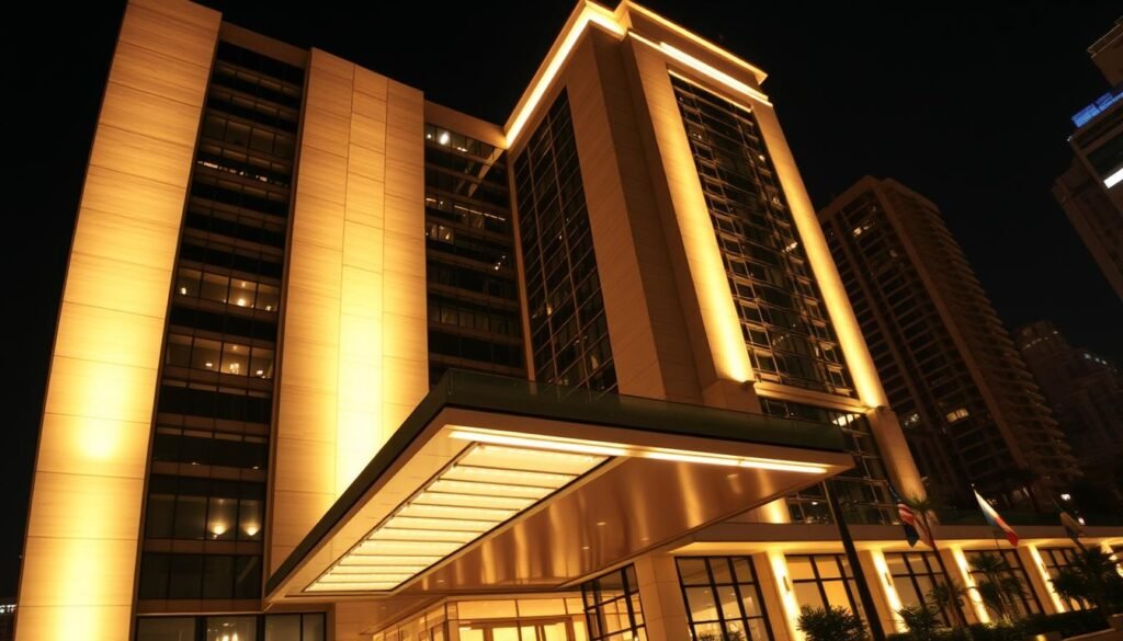 A modern high-rise building with sleek architectural lines and intricate lighting design. The facade is illuminated by a warm, ambient glow that highlights the building's distinctive shape and texture. In the foreground, the entry canopy is beautifully lit, creating a welcoming atmosphere. The middle ground features carefully placed spotlights that accentuate the building's architectural details, while the background showcases a nighttime urban skyline. The overall composition emanates a sense of elegance and sophistication. Aloha