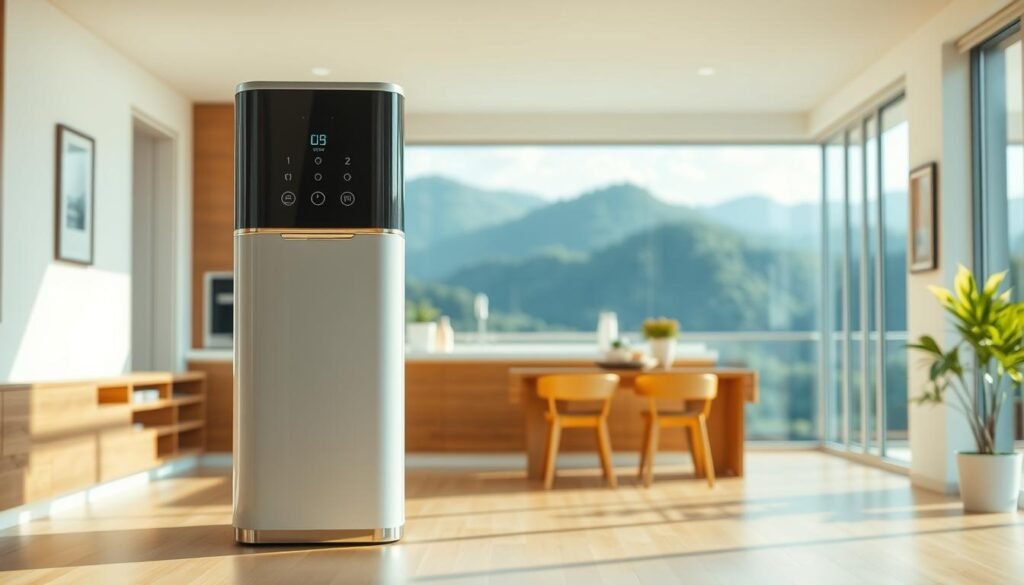 A modern, minimalist water purifier unit standing prominently in the foreground, its sleek white casing accented with brushed metal trim. The midground features a clean, bright kitchen interior with warm wood tones and natural light filtering in through large windows. The background showcases a scenic vista of lush, verdant Taiwanese hills and mountains, creating a sense of harmony between the appliance, the living space, and the natural environment.