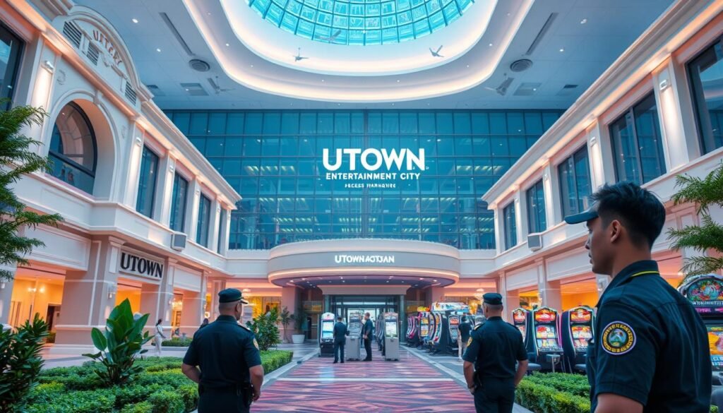 A serene and secure UTown Entertainment City, adorned with elegant architecture, verdant landscaping, and state-of-the-art security measures. In the foreground, well-trained security personnel monitor the premises, ensuring the safety and comfort of all patrons. The middle ground features modern surveillance systems and access control points, seamlessly blending with the sleek and contemporary design. The background showcases the vibrant, well-lit gaming floors, where patrons can enjoy a wide array of thrilling electronic games in a safe and responsible environment. The overall atmosphere exudes a sense of professionalism, reliability, and trust, reflecting UTown's commitment to providing a secure and enjoyable gaming experience.