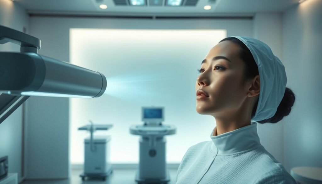 A serene, clinical environment showcasing the Glowin' Beaute &quot;無痛噴冷技術&quot; procedure. In the foreground, a state-of-the-art cryotherapy device projects a mesmerizing beam of cryogenic energy, gently enveloping the subject's skin. The middle ground features a tranquil, futuristic medical suite bathed in soft, diffused lighting, creating an atmosphere of comfort and relaxation. In the background, sleek, minimalist medical equipment and soothing, muted color palettes reinforce the advanced, pain-free nature of this rejuvenation treatment. The overall scene conveys a sense of scientific precision, technological innovation, and a luxurious, spa-like experience for the Glowin' Beaute client.