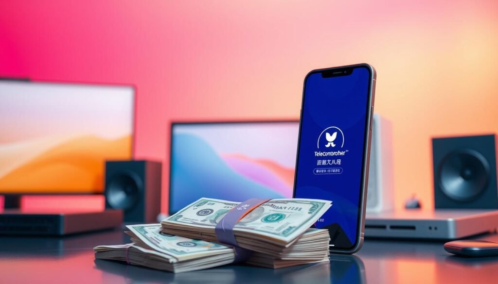 A vibrant, dynamic scene depicting the "Telecombrother" brand's "轉台優惠" promotion. In the foreground, a stack of crisp bank notes cascades against a backdrop of sleek, modern electronic devices, symbolizing the financial rewards of switching service providers. The middle ground showcases a stylized mobile phone, its screen displaying the Telecombrother logo and offering a seamless transition experience. In the background, a gradient of warm, inviting colors sets the tone, evoking a sense of prosperity and convenience. The overall composition conveys the core concept of the "轉台優惠" - a rewarding, hassle-free opportunity for consumers to maximize their telecommunications services.