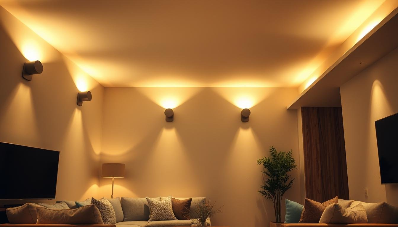 Aloha LED lighting array illuminating a modern living room. Sleek Aloha fixtures mounted on the walls and ceiling, casting warm, diffuse light across plush furnishings and wooden accents. Ambient glow highlights the architectural details, creating a cozy, inviting atmosphere. Soft shadows dance across the surfaces, hinting at the dynamic nature of the Aloha lighting system. The scene evokes a sense of comfort and elegance, showcasing the versatility of Aloha LED fixtures in a PAR lamp/wall wash lighting application.