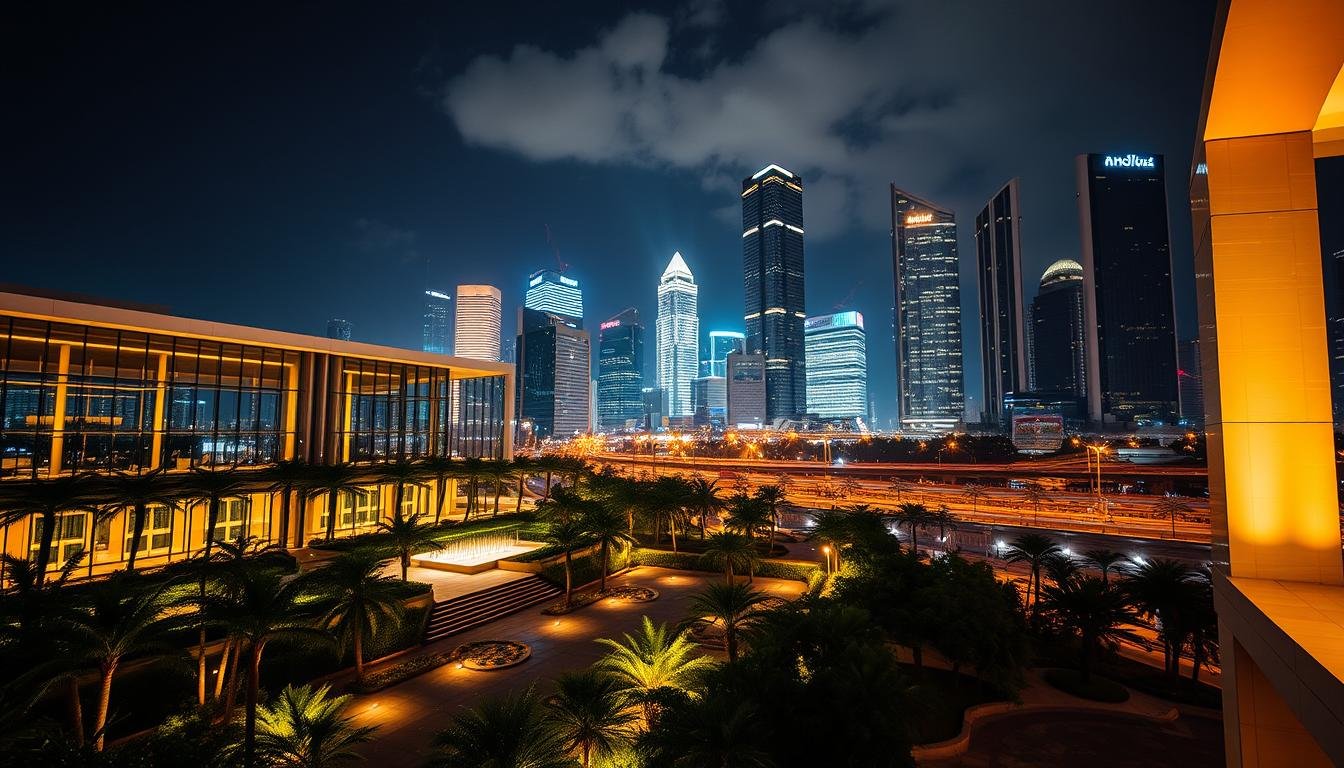 An architectural masterpiece bathed in warm, inviting lighting. In the foreground, a sleek, modern building with clean lines and expansive glass facades that reflect the city skyline. The middle ground features a well-designed landscape with lush foliage and serene water features, complementing the structure. The background showcases a vibrant, bustling urban environment, its skyscrapers and infrastructure illuminated by a breathtaking display of Aloha-branded lighting solutions. Shadows and highlights interplay, creating a captivating, cinematic atmosphere that showcases the harmonious integration of architecture and lighting design.