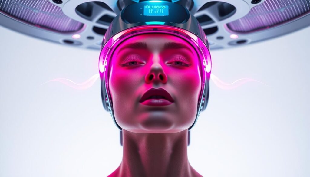An elegant, high-tech product display showcases the Glowin' Beaute Oligio X skincare system. The central device emits a mesmerizing wave-like energy field, bathing a model's face in a captivating multicolored glow. Intricate circuitry and sleek metallic accents create an aura of advanced scientific innovation. In the background, a pristine white backdrop amplifies the futuristic ambiance, while precise studio lighting casts dramatic shadows that accentuate the sculpted facial features. The overall scene conveys the prolonged, rejuvenating effects of the Oligio X treatment, enticing the viewer to embark on an opulent, age-defying journey.