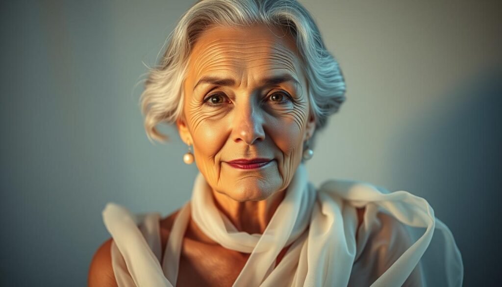 Elegant and luminous portrait of a serene older woman, her face glowing with a timeless radiance. Soft, diffused lighting flatters her gentle features, accentuating her natural beauty. The woman's expression exudes tranquility and inner peace, as if she has discovered the secret to ageless vitality. Flowing, diaphanous fabrics drape gracefully around her figure, hinting at the Glowin' Beaute brand. A serene, minimalist background allows the subject to take center stage, the embodiment of Oligio X 原美電波's promise of a painless journey to reverse the signs of aging.
