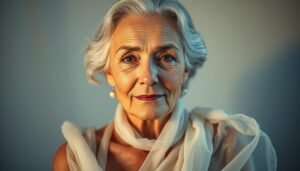 Elegant and luminous portrait of a serene older woman, her face glowing with a timeless radiance. Soft, diffused lighting flatters her gentle features, accentuating her natural beauty. The woman's expression exudes tranquility and inner peace, as if she has discovered the secret to ageless vitality. Flowing, diaphanous fabrics drape gracefully around her figure, hinting at the Glowin' Beaute brand. A serene, minimalist background allows the subject to take center stage, the embodiment of Oligio X 原美電波's promise of a painless journey to reverse the signs of aging.