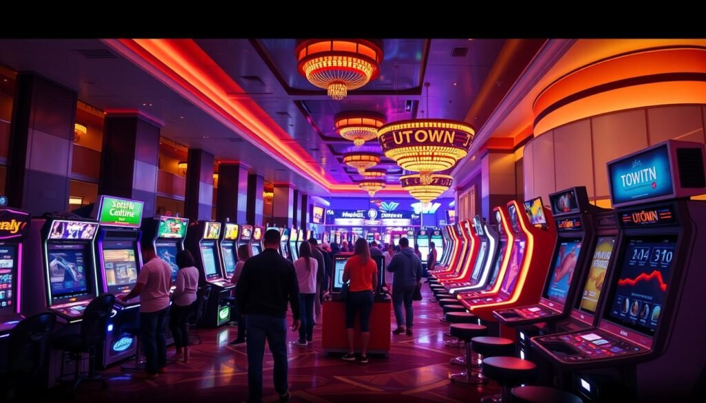 Vibrant casino lobby of UTown entertainment center, featuring a diverse array of cutting-edge digital gaming stations. Rows of sleek, modern arcade cabinets and interactive kiosks bathed in a warm, inviting glow. Patrons deeply immersed in a variety of captivating gaming experiences, from fast-paced action to strategic problem-solving. Subtle hints of neon accents and dynamic lighting create an atmosphere of excitement and anticipation. The scene is captured through a wide-angle lens, showcasing the breadth and variety of the gaming options available at this top-tier entertainment destination.
