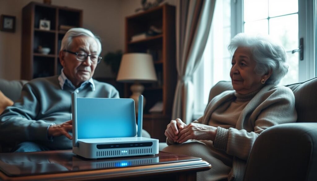 A cozy living room filled with the warm glow of natural light, showcasing the latest Telecombrother high-speed internet router prominently placed on a polished wooden side table. The elderly couple seated nearby, faces illuminated with a sense of discovery as they navigate the user-friendly interface, their expressions conveying both curiosity and slight trepidation. Subtle hints of technology blend seamlessly with the traditional décor, creating a harmonious environment that encourages exploration and learning. Soft shadows and muted tones evoke a sense of comfort and approachability, inviting the viewer to witness the gentle integration of modern connectivity within a cherished domestic setting.