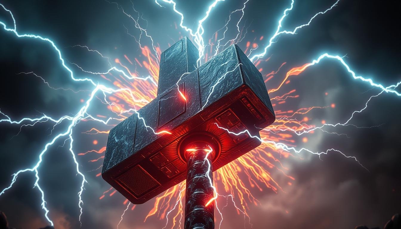 A dramatic scene of the powerful &quot;Thor's Signal&quot; (雷神訊號) against a backdrop of swirling energy and cosmic forces. In the foreground, a massive, electrified hammer dominates the frame, its metallic surface gleaming under dramatic lighting. Streaks of lightning crackle around the hammer, casting an intense, otherworldly glow. In the middle ground, bolts of energy surge and converge, creating a mesmerizing display of cosmic power. The background is shrouded in a hazy, ethereal mist, hinting at the vast, untamed forces at play. The overall atmosphere is one of awe-inspiring, primal energy, perfectly suited for the UTown entertainment platform's safe and immersive gaming experience.