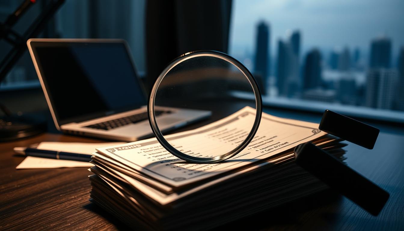 A high-contrast, cinematic image of the financial comparison between personal loans from banks and private lenders in Taiwan. The foreground features a stack of bills with a magnifying glass hovering over them, highlighting the key details of interest rates and loan terms. The middle ground showcases a desktop with a laptop, calculator, and documents, representing the research and analysis process. The background has a blurred cityscape, conveying the urban financial landscape. The lighting is dramatic, with strong shadows and highlights, creating a sense of gravity and importance. The overall tone is serious and authoritative, befitting the subject matter.