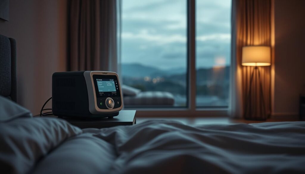 A high-quality, state-of-the-art iCareCPAP sleep apnea machine sits prominently on a nightstand, illuminated by soft, diffused lighting. The device's sleek, modern design features a large, easy-to-read display and intuitive controls. In the foreground, a comfortable, plush bedding set in neutral tones sets the stage for a peaceful, restful night's sleep. The mid-ground features a minimalist, tranquil bedroom interior with muted colors and clean lines, conveying a sense of calm and relaxation. The background showcases a serene, dimly lit landscape outside the window, creating a soothing, immersive atmosphere.
