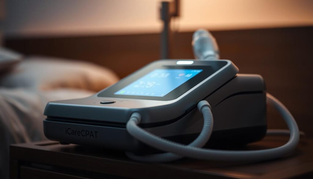 A high-tech, sleek iCareCPAP sleep apnea machine sitting on a nightstand. The device has a modern, minimalist design with smooth lines and a brushed metal finish. It is backlit with a soft, warm glow, creating a calming, relaxing atmosphere. The machine is accompanied by a clean, white oxygen tube, neatly coiled and ready for use. The scene is set against a blurred, out-of-focus background, keeping the focus on the essential medical equipment. The lighting is carefully balanced, creating subtle shadows and highlights that emphasize the device's form and functionality.
