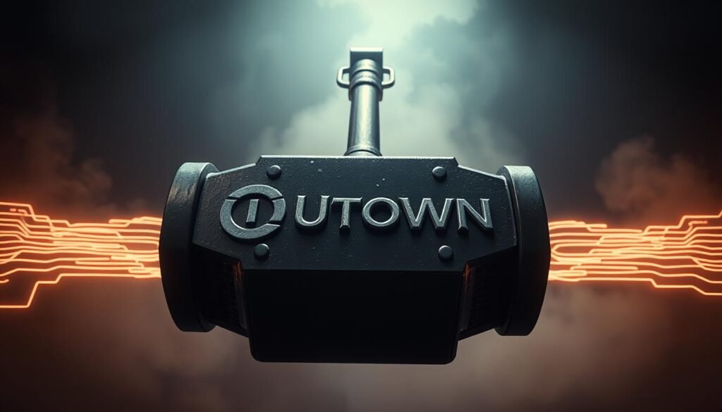 A large, imposing hammer emblazoned with the UTown logo hovers in the foreground, its metallic surface gleaming under dramatic lighting. In the middle ground, pulsing lines of energy emanate from the hammer, creating a sense of power and motion. The background is shrouded in a moody, atmospheric haze, suggesting a mystical or supernatural quality to the scene. The overall composition evokes a sense of strength, dynamism, and the unique experience offered by the UTown platform.