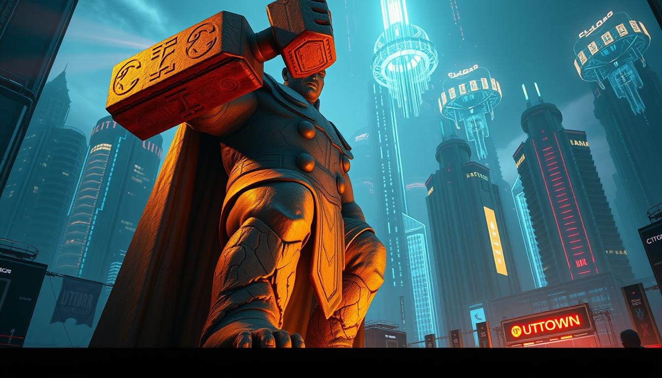 A massive, imposing stone statue of the Norse god Thor, wielding his legendary hammer Mjolnir, stands in the center of the UTown gaming city. The statue is illuminated by warm, dramatic lighting, casting dramatic shadows and highlights across its rugged, detailed features. The background is a futuristic, neon-lit cityscape, with towering skyscrapers and gleaming holograms floating in the air, creating a vibrant, high-tech atmosphere. The overall scene conveys a sense of power, wonder, and the excitement of exploring a fantastical, virtual gaming world.