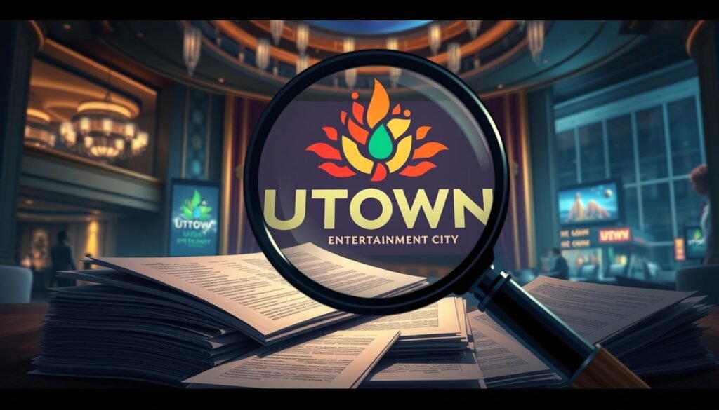A meticulously crafted illustration depicting the alleged fraud rumors surrounding UTown Entertainment City. In the foreground, a magnifying glass hovers over stacks of documents, illuminating the intricate details of the purported scheme. The middle ground features a stylized rendering of the UTown logo, its vibrant colors now cast in an ominous light. The background blends a sense of unease with the opulent interiors of the entertainment complex, hinting at the underlying tensions and uncertainties. Moody lighting and a muted color palette convey the gravity of the situation, inviting the viewer to scrutinize the evidence and uncover the truth.