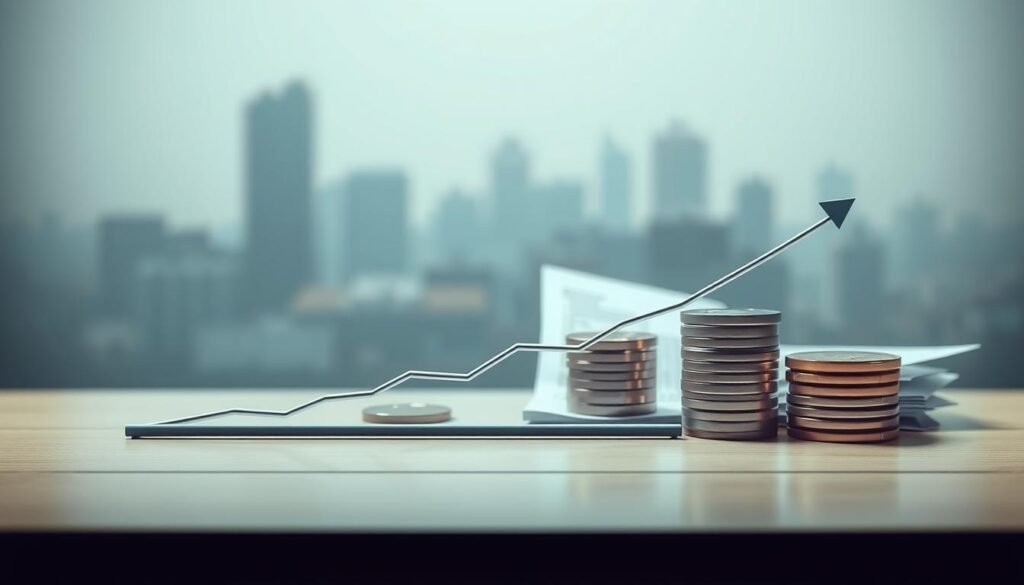 A modern, minimalist illustration depicting the concept of "personal loan interest rates". In the foreground, a sleek, metallic graph shows the fluctuating interest rates, with clean lines and a cool color palette. In the middle ground, a stack of coins and financial documents convey the financial considerations. The background features a subtle, blurred cityscape, hinting at the urban context. The overall mood is one of professionalism, data-driven analysis, and careful financial planning. The lighting is soft and directional, creating depth and highlighting the key elements. The camera angle is slightly elevated, giving a sense of authority and oversight.