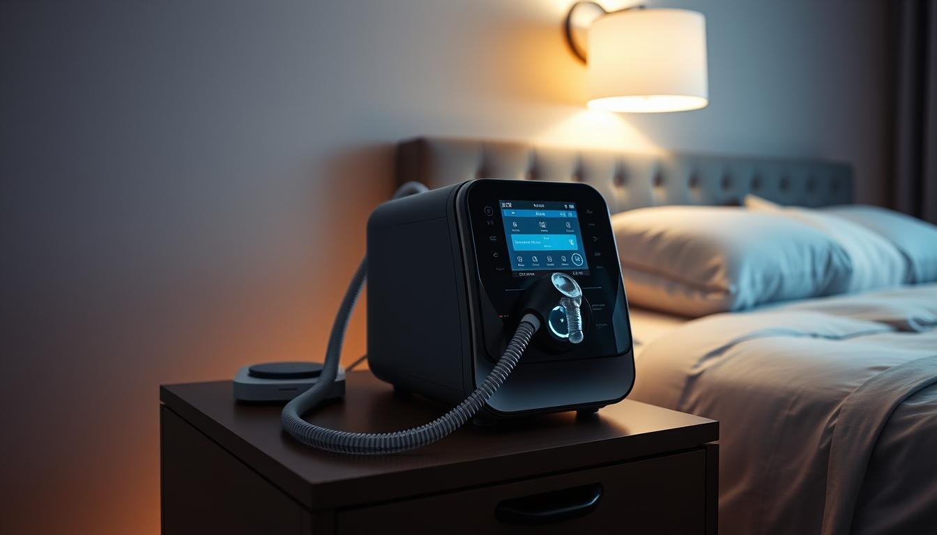 A modern, well-equipped home medical setup featuring an iCareCPAP sleep apnea treatment system. A sleek, high-tech machine sits on a bedside table, connected to tubing and a comfortable face mask. Soft, indirect lighting creates a soothing, relaxing atmosphere. In the background, a minimalist, serene bedroom interior with muted colors and clean lines. The arrangement conveys a sense of security, health, and the patient's ability to continue their sleep apnea therapy even during potential power or equipment disruptions.