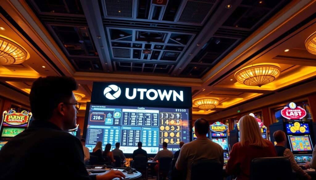 A panoramic view of an online casino lobby, illuminated by soft, warm lighting. In the foreground, a group of players engaged in various games, their expressions conveying a sense of fair play and transparency. The middle ground features a large display showcasing the game's mechanics and odds, providing clear and accessible information. In the background, the UTown brand logo is prominently displayed, reinforcing the idea of a trusted and reputable online gaming platform. The overall atmosphere is one of openness, trust, and a commitment to ethical gaming practices.