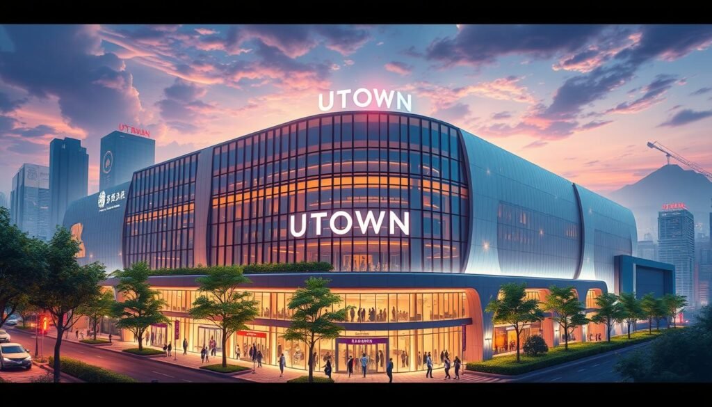 A serene and vibrant illustration of the UTown entertainment complex, showcasing its architectural elegance and alluring atmosphere. Set against a backdrop of a bustling Taiwanese cityscape, the image captures the essence of the venue's modern design, inviting visitors to immerse themselves in a world of entertainment and leisure. Soft lighting accentuates the clean lines and sleek facades, creating a sense of sophistication and prestige. The composition balances the grand scale of the building with intimate details, such as lush greenery and pedestrian activity, to convey a welcoming and dynamic ambiance.