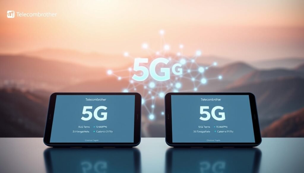 A sleek, futuristic 5G plan comparison, showcasing the Telecombrother brand. In the foreground, two 5G plan options are displayed on modern, minimalist devices, with clean typography and icons. The middle ground features a dynamic 5G network visualization, with glowing data streams and interconnected nodes. The background is a soft, gradient-rich landscape, hinting at the wide-reaching coverage and reliable connectivity of the 5G plans. Warm lighting casts a sense of professionalism and technological sophistication, while the overall composition conveys the key decision points of long-term contracts versus short-term plans.