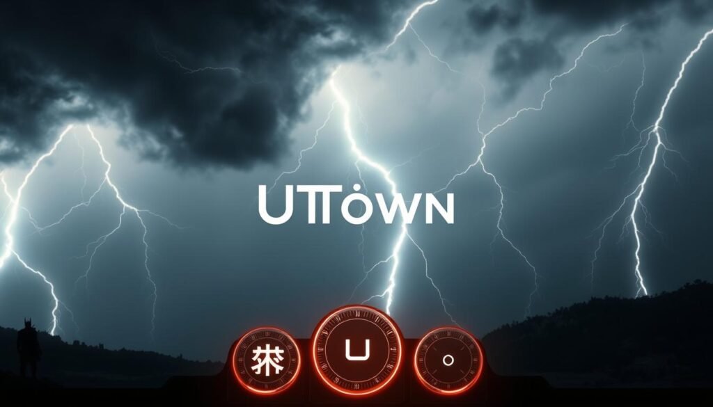 A striking scene of lightning strikes across a stormy sky, illuminating the silhouette of the mighty Thor, the Norse god of thunder. The "UTown" logo prominently displayed, representing the platform where one can observe and analyze these powerful celestial signals. In the foreground, three key indicators flash and pulsate, providing insights into the nature and intensity of the "雷神訊號". The lighting is dramatic, with deep shadows and dramatic highlights, conveying a sense of energy and urgency. The composition is balanced, drawing the viewer's eye to the central elements while hinting at the larger cosmic forces at play.