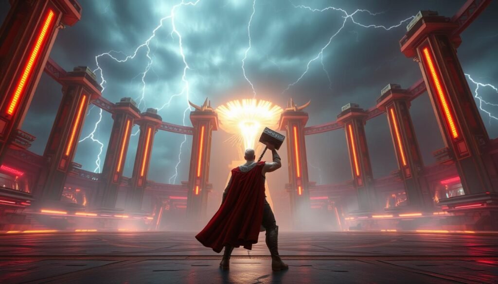 A vast, futuristic UTown arena set in a thunderstorm, with towering pillars and glowing energy fields. The hero, Thor, stands ready with his mighty Mjolnir hammer, poised to unleash a spectacular display of power and precision. Dramatic lighting casts dramatic shadows, while the background is filled with the rumbling of distant thunder and electric crackles. The overall mood is one of intense anticipation and strategic gameplay, perfectly capturing the essence of the &quot;Trial Mode&quot; experience within the &quot;Thor's Hammer&quot; entertainment complex.