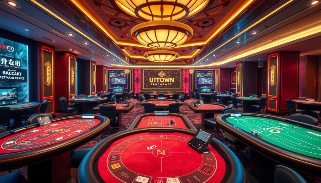 A vibrant and immersive casino interface, showcasing the distinct styles of leading Baccarat brands like Ebo, WE, and PP. The UTown platform features a sleek, modern design with a sophisticated color palette, elegant typography, and intuitive control layouts. Soft lighting illuminates the gaming tables, creating a warm and inviting atmosphere. High-resolution graphics and detailed animations bring the gameplay to life, providing a seamless and engaging user experience. The camera captures the interface from a slightly elevated angle, offering a comprehensive view of the diverse Baccarat offerings and highlighting the unique characteristics of each brand.