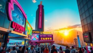 A vibrant, hyperrealistic image of the UTown entertainment complex in Taiwan, showcasing its modern architecture, neon-lit facades, and bustling atmosphere. The foreground depicts a group of young, stylishly dressed Taiwanese patrons enjoying the various gaming and entertainment options, while the middle ground features the main entrance and signage of the complex. The background is a panoramic view of the city skyline, bathed in a warm, golden sunset glow, creating a sense of energy and excitement. The scene is captured through a wide-angle lens, emphasizing the grand scale and scale of the UTown complex, with sharp focus and vivid details that immerse the viewer in the experience.