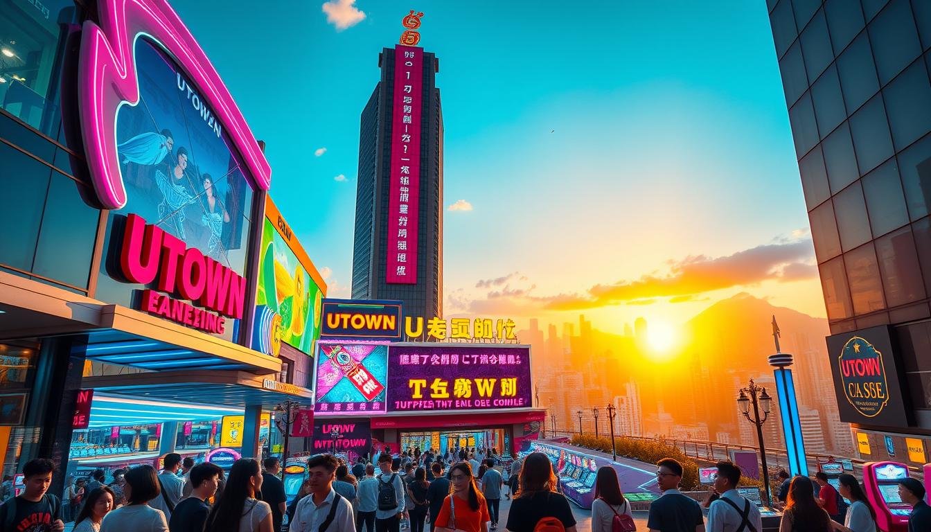 A vibrant, hyperrealistic image of the UTown entertainment complex in Taiwan, showcasing its modern architecture, neon-lit facades, and bustling atmosphere. The foreground depicts a group of young, stylishly dressed Taiwanese patrons enjoying the various gaming and entertainment options, while the middle ground features the main entrance and signage of the complex. The background is a panoramic view of the city skyline, bathed in a warm, golden sunset glow, creating a sense of energy and excitement. The scene is captured through a wide-angle lens, emphasizing the grand scale and scale of the UTown complex, with sharp focus and vivid details that immerse the viewer in the experience.