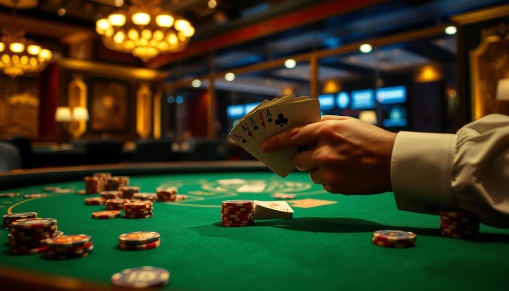 A dimly lit casino table, the green felt surface reflecting the warm glow of overhead lamps. Elegant wooden casino chips in various denominations are scattered across the table, hinting at the strategic game of Baccarat unfolding. The table's edges are adorned with ornate gold detailing, conveying a sense of sophisticated gaming tradition. In the foreground, a pair of dealer's hands expertly shuffles a deck of playing cards, ready to deal the cards that will determine the outcome of the game. The scene is imbued with an atmosphere of intense focus and anticipation, capturing the essence of the Baccarat experience.