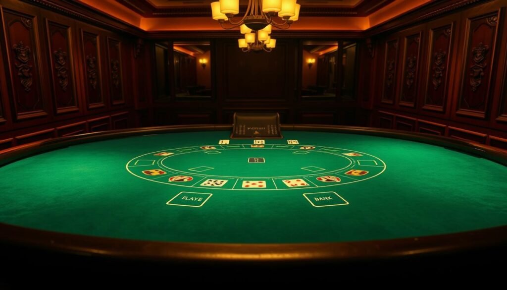 A dimly lit table in a classic casino setting, the green felt surface illuminated by warm overhead lighting, showcasing the iconic baccarat layout with its designated player and banker positions. The table is flanked by ornate wooden paneling, creating an atmosphere of elegant sophistication. Subtle shadows and highlights accentuate the contours of the betting areas, drawing the viewer's attention to the core gameplay elements. The scene evokes a sense of strategic decision-making and the thrill of the casino experience, inviting the viewer to immerse themselves in the fundamentals of the baccarat rules.