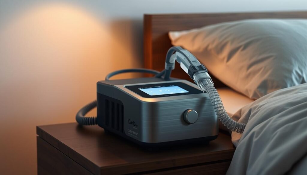 A sleek, modern iCareCPAP sleep apnea machine rests on a nightstand, casting a soft glow from its display. The machine's minimalist design features clean lines and a brushed metal finish, complementing the minimalist, calming bedroom environment. The machine's hose and mask are prominently displayed, conveying its purpose as a tool to facilitate healthy, restorative sleep. Subtle ambient lighting creates a soothing, therapeutic atmosphere, while natural textures like wood and linen add warmth to the scene. The overall composition emphasizes the machine's role in supporting the user's well-being and sleep quality.