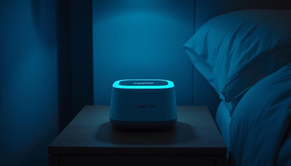 A sleek, modern sleep apnea machine rests on a nightstand, its soft blue glow illuminating the dark bedroom. The iCareCPAP device sits atop a minimalist wooden surface, its clean, streamlined design blending seamlessly with the minimalist decor. Soft, diffused lighting casts gentle shadows, creating a calming, serene atmosphere. The machine's discreet form factor and subtle presence convey the challenges faced by night shift workers, who must maintain healthy sleep patterns despite the demands of their schedules. The image captures the tension between the technological solution and the personal struggle to find rest and rejuvenation in an environment not conducive to quality sleep.