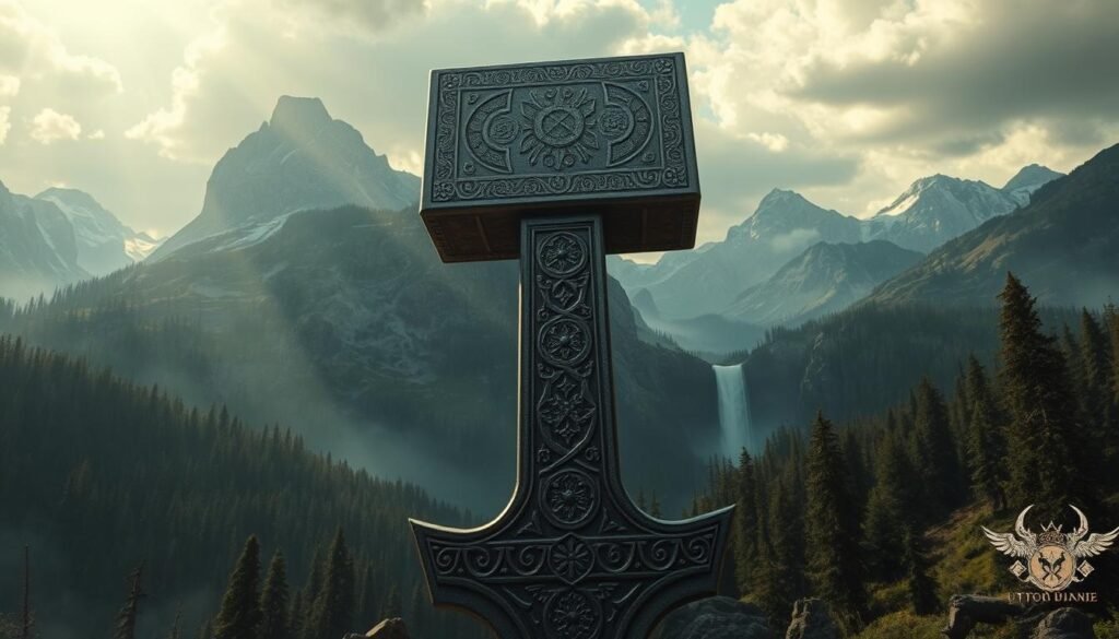 A vast, majestic landscape of the Nordic realm unfolds, where towering mountains, ancient forests, and cascading waterfalls converge. In the foreground, a colossal, ornately-crafted hammer known as UTown's &quot;Mjolnir&quot; - the legendary weapon of the thunder god Thor - stands as a testament to the power and mysticism of the Nordic pantheon. Sunlight filters through the clouded skies, casting an ethereal glow upon the scene, while runes and symbols of the Norse cosmos adorn the hammer's surface, evoking the rich tapestry of Norse mythology. The atmosphere is one of awe-inspiring grandeur, inviting the viewer to immerse themselves in the captivating world of the Norse gods.