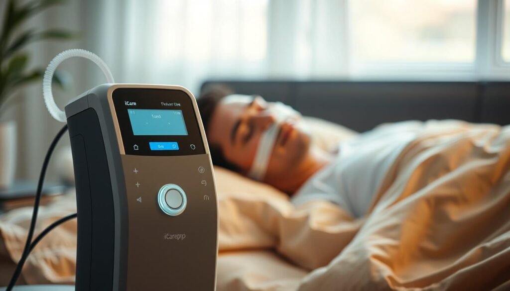 A high-quality iCareCPAP sleep apnea machine standing prominently in the foreground, its sleek design and intuitive controls clearly visible. The machine is illuminated by soft, natural lighting, casting a warm glow and creating a sense of comfort and ease. In the middle ground, a person is comfortably sleeping, their face relaxed and breathing effortlessly, indicating the machine's effectiveness in delivering consistent, therapeutic airflow. The background is blurred, but suggests a serene, bedroom-like environment, emphasizing the machine's discreet and unobtrusive presence in the user's personal space. The overall scene conveys the necessity and widespread adoption of sleep apnea treatment devices like the iCareCPAP, which have become an integral part of many individuals' daily lives.