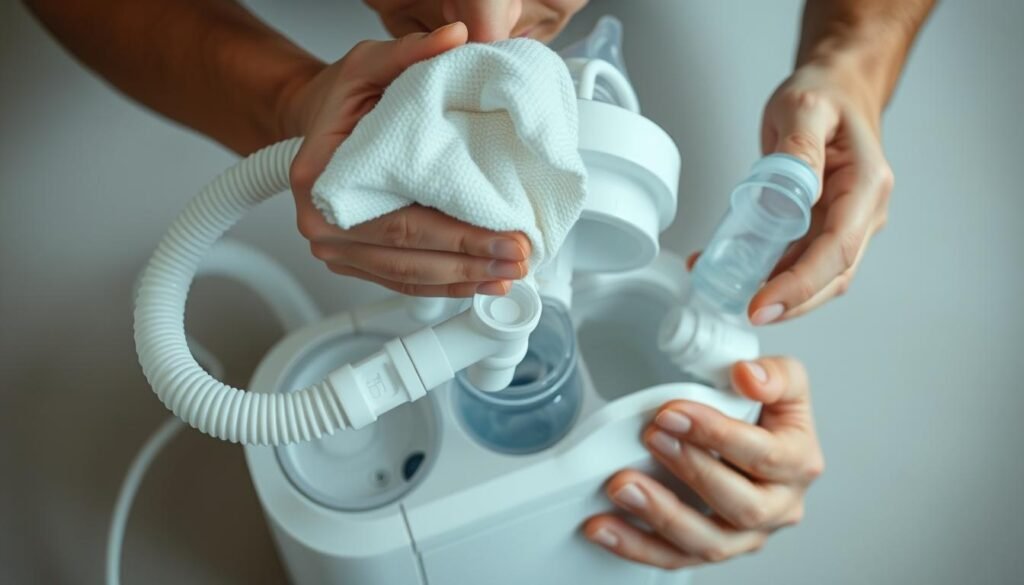 A well-lit, close-up shot of a person's hands thoroughly cleaning a white iCareCPAP sleep apnea machine. The machine's various components, such as the tubing, mask, and water chamber, are being carefully disassembled, wiped down, and reassembled using a soft cloth and a mild cleaning solution. The user's face is not visible, but their focused expression conveys the importance of maintaining the machine's cleanliness for optimal performance and hygiene. The background is a neutral, uncluttered space, allowing the cleaning process to be the central focus of the image.