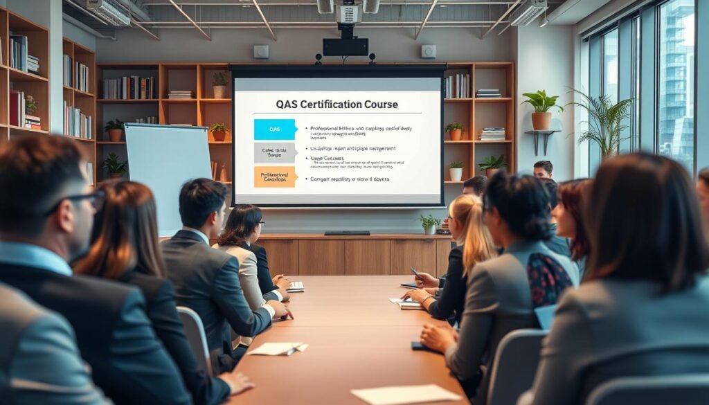 A professional training session on "QAS Certification Course" in a modern classroom setting. In the foreground, a diverse group of individuals dressed in business attire is engaged in discussion, showcasing a collaborative atmosphere. In the middle ground, a large presentation screen displays a visually appealing slide including an outline of professional ethics, disciplinary requirements, and image management concepts. The background features bookshelves filled with resources, potted plants, and soft lighting to create an inviting and scholarly environment. The image has a warm, motivating ambiance, with natural light filtering through large windows, emphasizing a sense of growth and professionalism. Focus the composition on the participants, capturing their expressions of interest and determination in pursuing their professional development.