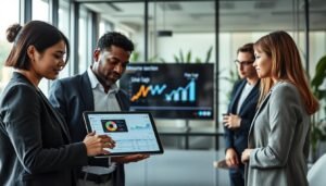 A sleek, modern office environment with professionals discussing digital advertising strategies. In the foreground, a diverse group of three individuals—one Asian woman, one Black man, and one Caucasian woman—are gathered around a digital tablet, showcasing a visually appealing analytics dashboard. In the middle ground, a large screen presents graphs and visual elements representing "line lap廣告投放策略". The background features a stylish glass-walled conference room bathed in natural light, with green plants visible. The atmosphere is focused and collaborative, conveying a sense of innovation and strategic thinking. Use soft, balanced lighting to highlight the professionalism of the scene, captured from a slightly lower angle to emphasize engagement and creativity.