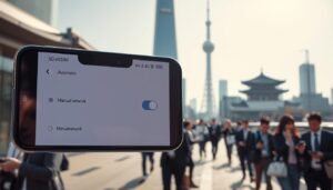 A modern smartphone displaying the eSIM network switching feature for 5G and 4G connectivity against a vibrant cityscape background of South Korea, with iconic landmarks like N Seoul Tower visible. In the foreground, the phone screen shows a clear interface with toggles for automatic and manual network selection, highlighted with glowing icons. The middle ground features a busy street scene with people in professional attire, engaging with their devices, creating a dynamic atmosphere. The background consists of tall, sleek buildings under a bright, sunny sky, casting soft shadows. The lighting is bright and inviting, emphasizing a tech-savvy environment, while the overall mood is modern and efficient, representing seamless connectivity.