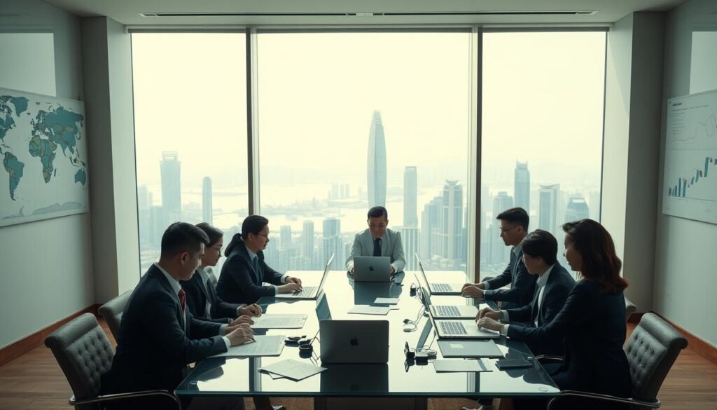 A professional business meeting set in a modern Hong Kong office. In the foreground, a diverse group of business professionals dressed in smart business attire, featuring both men and women, engaged in discussions with laptops and documents scattered on a large glass table. In the middle, a panoramic window showcasing the iconic Hong Kong skyline with skyscrapers and harbor views. Soft, natural lighting brightens the room, creating an inviting atmosphere. The background includes subtle elements of international connectivity, such as world maps and charts on the walls, indicating global trade links. The overall mood is one of optimism and growth, emphasizing the importance of establishing a Hong Kong company for building an international brand image.