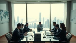 A professional business meeting set in a modern Hong Kong office. In the foreground, a diverse group of business professionals dressed in smart business attire, featuring both men and women, engaged in discussions with laptops and documents scattered on a large glass table. In the middle, a panoramic window showcasing the iconic Hong Kong skyline with skyscrapers and harbor views. Soft, natural lighting brightens the room, creating an inviting atmosphere. The background includes subtle elements of international connectivity, such as world maps and charts on the walls, indicating global trade links. The overall mood is one of optimism and growth, emphasizing the importance of establishing a Hong Kong company for building an international brand image.