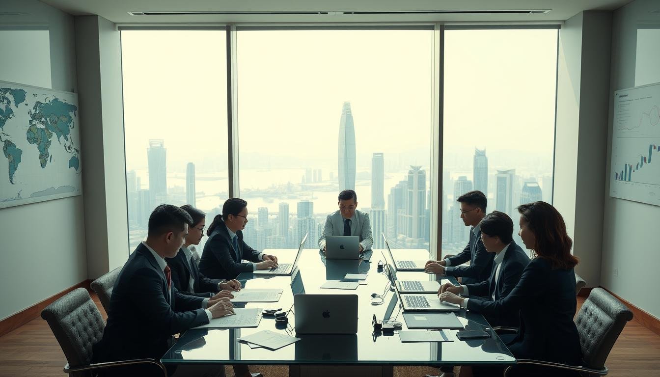 A professional business meeting set in a modern Hong Kong office. In the foreground, a diverse group of business professionals dressed in smart business attire, featuring both men and women, engaged in discussions with laptops and documents scattered on a large glass table. In the middle, a panoramic window showcasing the iconic Hong Kong skyline with skyscrapers and harbor views. Soft, natural lighting brightens the room, creating an inviting atmosphere. The background includes subtle elements of international connectivity, such as world maps and charts on the walls, indicating global trade links. The overall mood is one of optimism and growth, emphasizing the importance of establishing a Hong Kong company for building an international brand image.